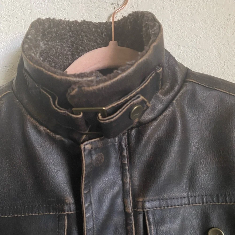 Hawke & Co Boys Brown Faux Leather Sherpa Collar Bomber Biker Moto Jacket 10/12